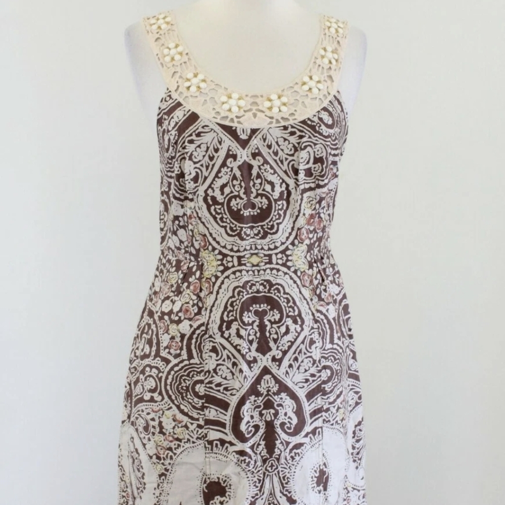 Free People  Folklore Shift Dress Cream/ Espresso Brown Sleeveless Sundress Sz.4